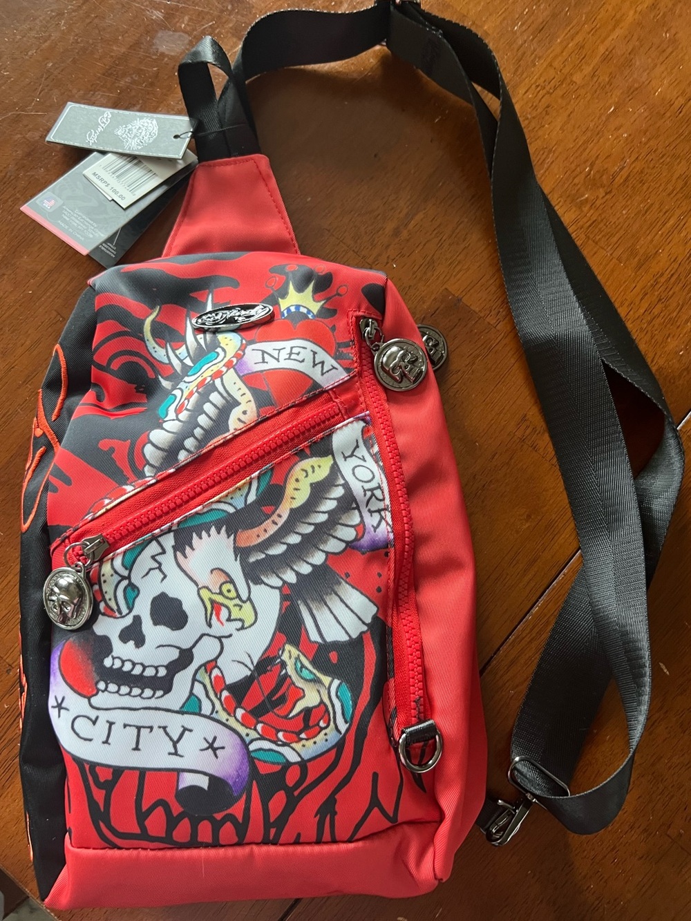 Ed Hardy crossbody Sling Bag Red Y2K Tatoo Graphics New York Skull Design NEW
